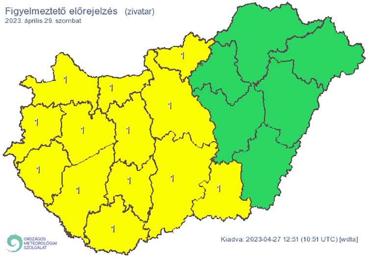 Elsőfokú riasztás: Zivatar alakulhat ki. Elsődleges veszélyforrást a villámlás jelent, emellett esetenként szélerősödés, jégeső előfordulhat!